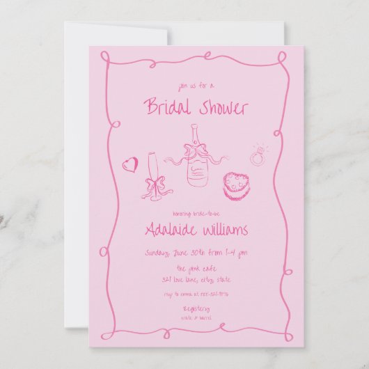 Whimsical Hand Drawn Pink Bridal Dusche Einladung (Vorderseite)