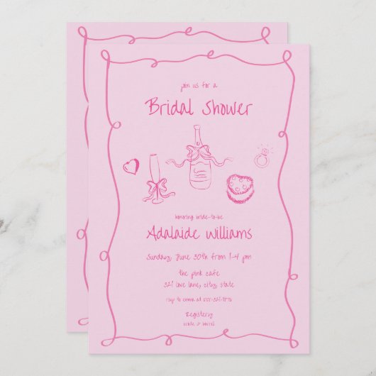 Whimsical Hand Drawn Pink Bridal Dusche Einladung (Vorne/Hinten)