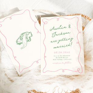 Whimsical Hand Drawn Pink & Green Wedding Einladung
