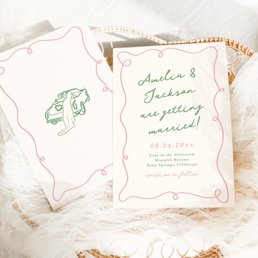Whimsical Hand Drawn Pink & Green Wedding Einladung