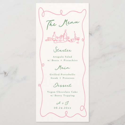 Whimsical Hand Drawn Pink & Green Wedding Menükarte (Vorderseite)