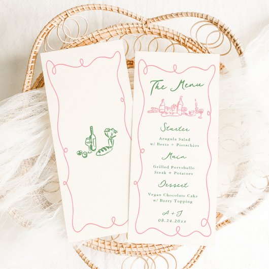 Whimsical Hand Drawn Pink & Green Wedding Menükarte