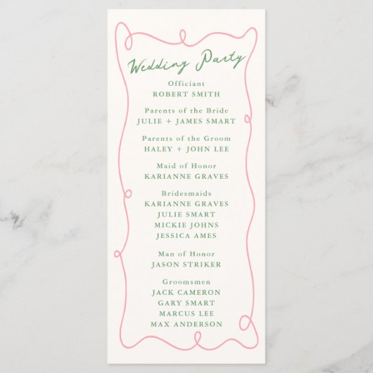 Whimsical Hand Drawn Pink & Green Wedding Programm (Rückseite)