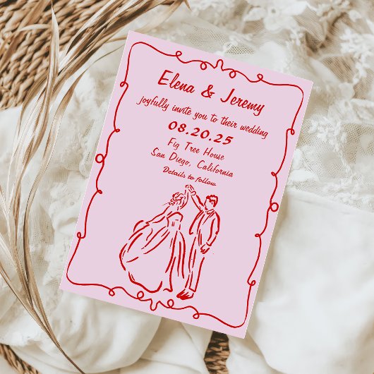 Whimsical Hand Drawn Pink Hochzeit Einladung