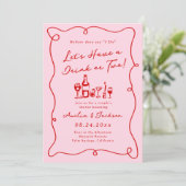 Whimsical Hand Drawn Pink & Red Couple Dusche Einladung (Stehend Vorderseite)