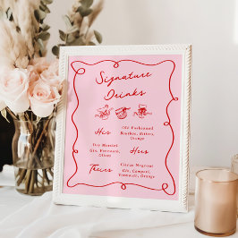 Whimsical Hand Drawn Pink & Red Signature Drinks Poster