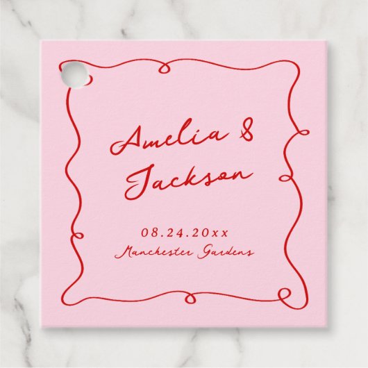 Whimsical Hand Drawn Pink & Red Wedding Geschenkanhänger (Vorderseite)