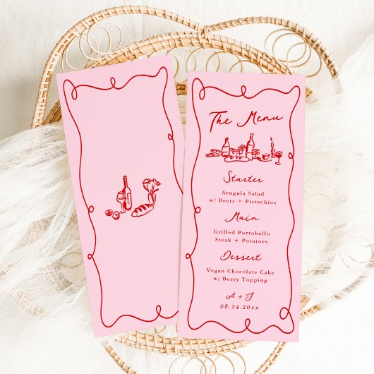 Whimsical Hand Drawn Pink & Red Wedding Menükarte
