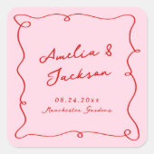 Whimsical Hand Drawn Pink & Red Wedding Quadratischer Aufkleber (Vorderseite)