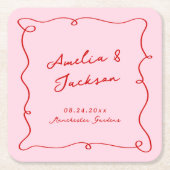 Whimsical Hand Drawn Pink & Red Wedding Rechteckiger Pappuntersetzer (Vorderseite)