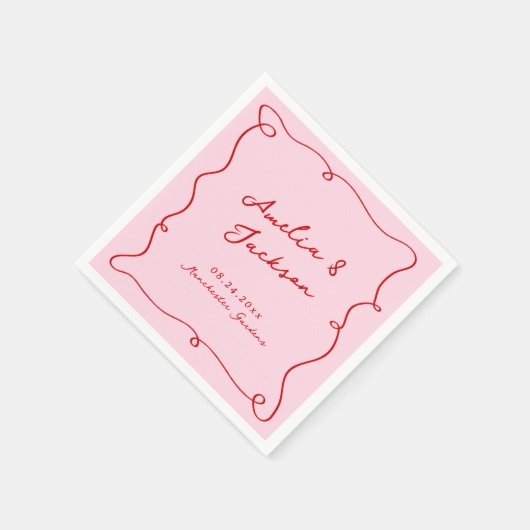 Whimsical Hand Drawn Pink & Red Wedding Serviette (Ecke)