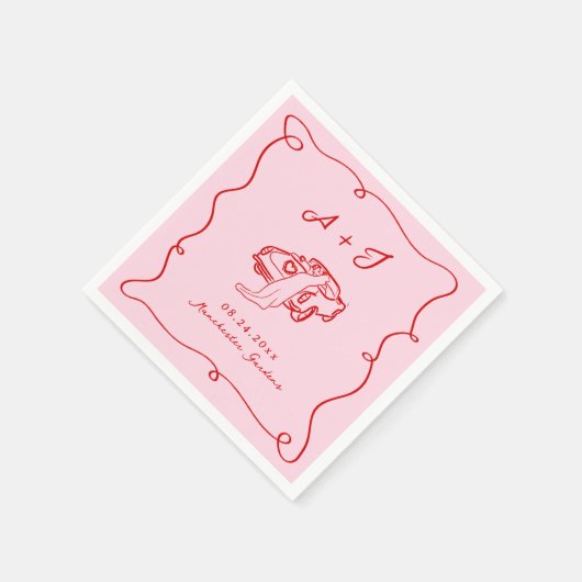 Whimsical Hand Drawn Pink & Red Wedding Serviette (Ecke)