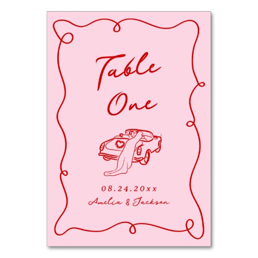 Whimsical Hand Drawn Pink & Red Wedding Tischnummer (Vorderseite)