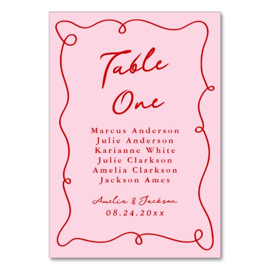 Whimsical Hand Drawn Pink & Red Wedding Tischnummer (Vorderseite)