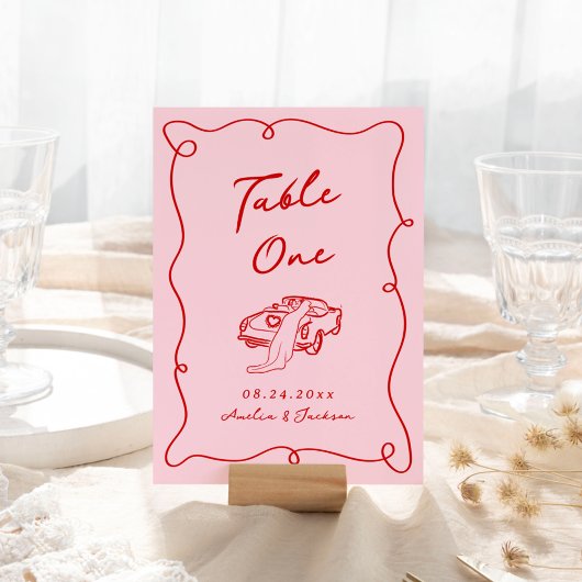 Whimsical Hand Drawn Pink & Red Wedding Tischnummer