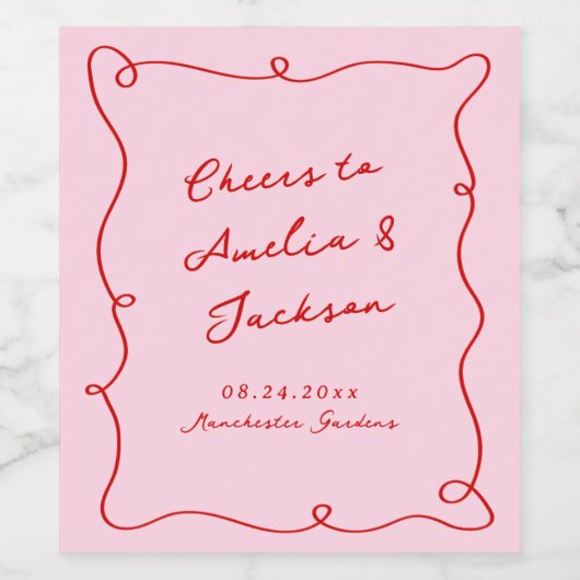 Whimsical Hand Drawn Pink & Red Wedding Weinetikett (Einzelnes Label)