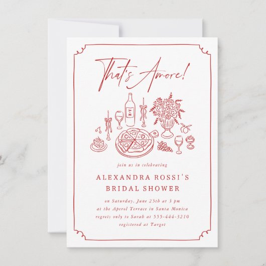 Whimsical Hand Drawn Pizza & Wine Brautparty Einladung (Vorderseite)