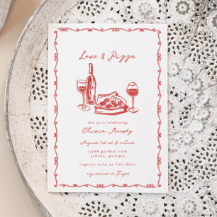 Whimsical Hand Drawn Pizza & Wine Brautparty Einladung