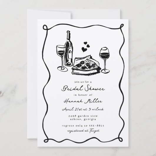 Whimsical Hand Drawn Pizza Wine Bridal Shower Einladung (Vorderseite)