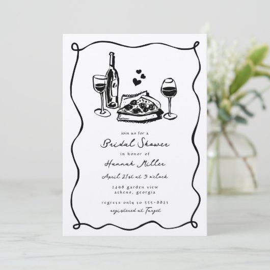 Whimsical Hand Drawn Pizza Wine Bridal Shower Einladung (Stehend Vorderseite)