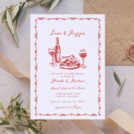 Whimsical Hand Drawn Pizza Wine Couples Dusche Einladung