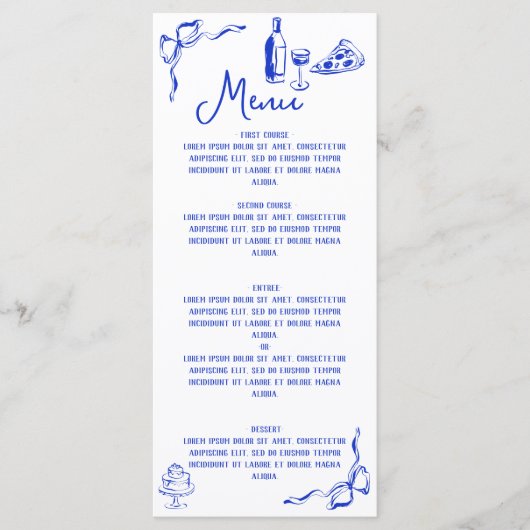Whimsical Hand Drawn Pizza & Wine French Blue Menükarte (Vorderseite)