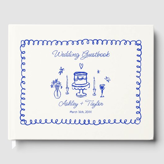 Whimsical Hand Drawn Quirky Blue Wedding Gästebuch (Vorderseite)