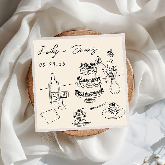 Whimsical Hand Drawn Quirky Cake Wedding Napkins Serviette