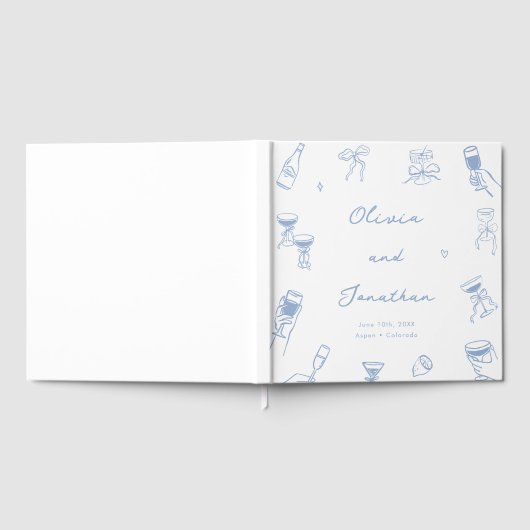 Whimsical Hand Drawn Quirky Dusty Blue Wedding Gästebuch (Voll)