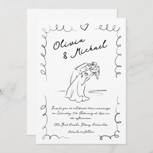 Whimsical Hand Drawn Quirky Hochzeitseinladung Einladung (Vorne/Hinten)