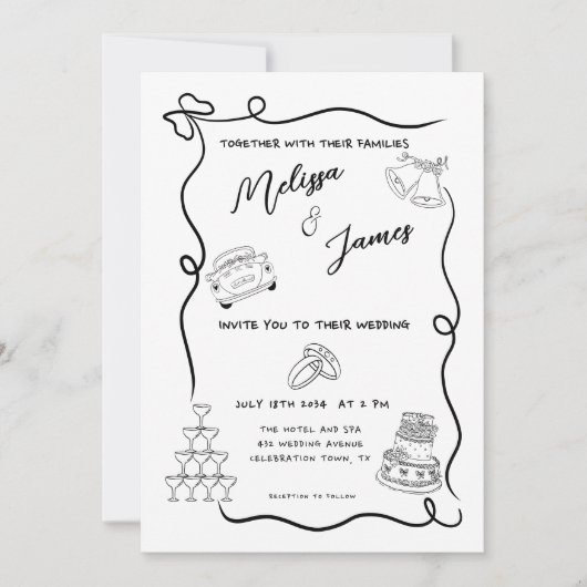 Whimsical Hand Drawn Quirky Wedding Einladung (Vorderseite)