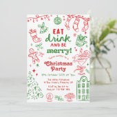 Whimsical Hand Drawn Red and Green Christmas Party Einladung (Stehend Vorderseite)