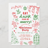 Whimsical Hand Drawn Red and Green Christmas Party Einladung (Vorne/Hinten)