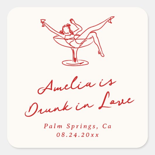 Whimsical Hand Drawn Red Bachelorette Quadratischer Aufkleber (Vorderseite)