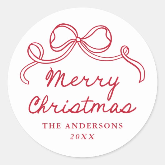 Whimsical Hand-Drawn Red Bow Merry Christmas Runder Aufkleber (Vorderseite)