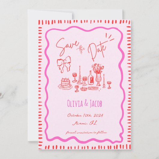 Whimsical Hand Drawn Red Bow Scribble Wavy Hochzei Einladung (Vorderseite)