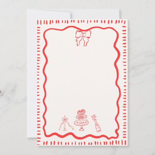 Whimsical Hand Drawn Red Bow Scribble Wavy Hochzei Einladung (Rückseite)