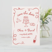 Whimsical Hand Drawn Red Wedding Foto Save The Date (Stehend Vorderseite)