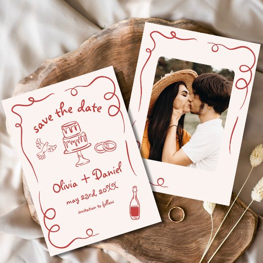 Whimsical Hand Drawn Red Wedding Foto Save The Date