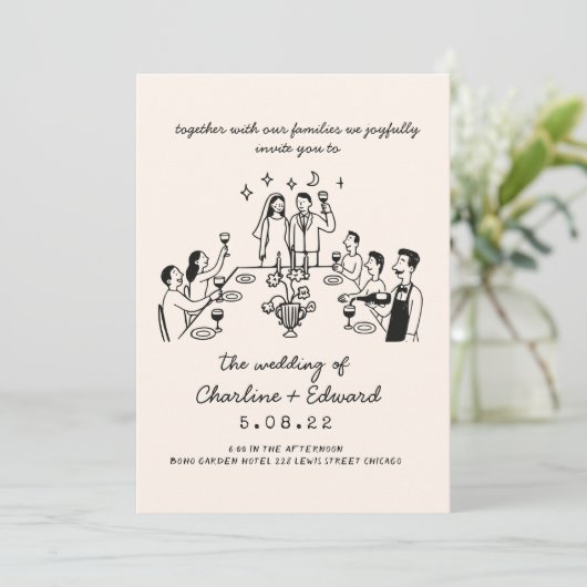 Whimsical Hand Drawn Scribble Wedding Einladung (Stehend Vorderseite)