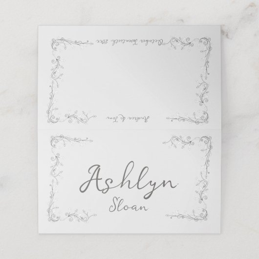 Whimsical Hand Drawn Script Wedding Guest Platzkarte (Außenseite Aufgefaltet)