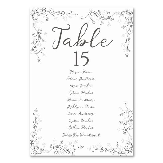 Whimsical Hand Drawn Script Wedding Seating Plan Tischnummer (Vorderseite)