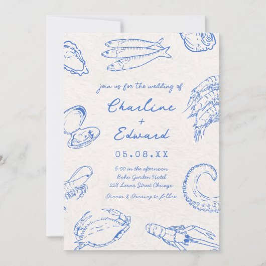 Whimsical Hand Drawn Seafood Hochzeit Einladung (Vorderseite)