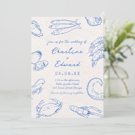 Whimsical Hand Drawn Seafood Hochzeit Einladung (Stehend Vorderseite)