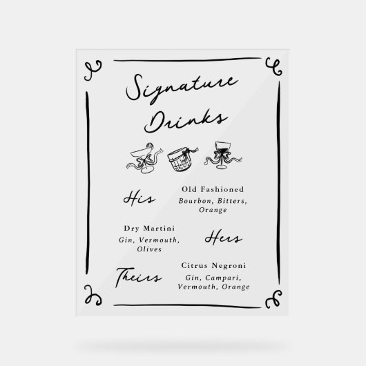 Whimsical Hand Drawn Signature Drinks Acrylschild (Vorderseite)