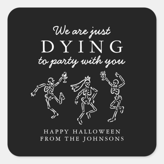 Whimsical Hand Drawn Skeletons Halloween Party Quadratischer Aufkleber (Vorderseite)