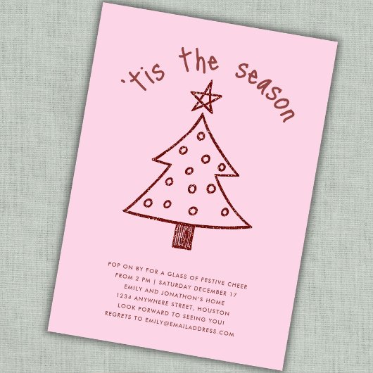 Whimsical Hand Drawn Tree Rosa Weihnachtsfest Part Einladung