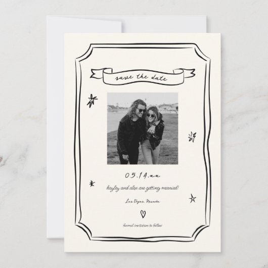 Whimsical Hand Drawn Unique Wedding Photo Save The Date (Vorderseite)