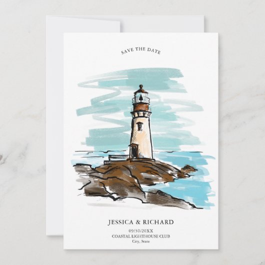 Whimsical Hand Drawn Venue Küste Leuchtturm Einladung (Vorderseite)