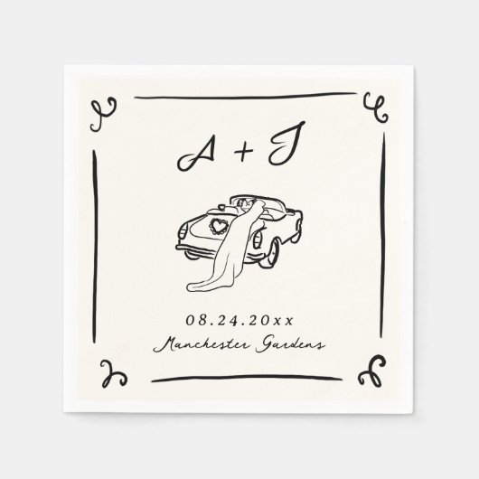 Whimsical Hand Drawn Vintage Car Hochzeit Serviette (Vorderseite)